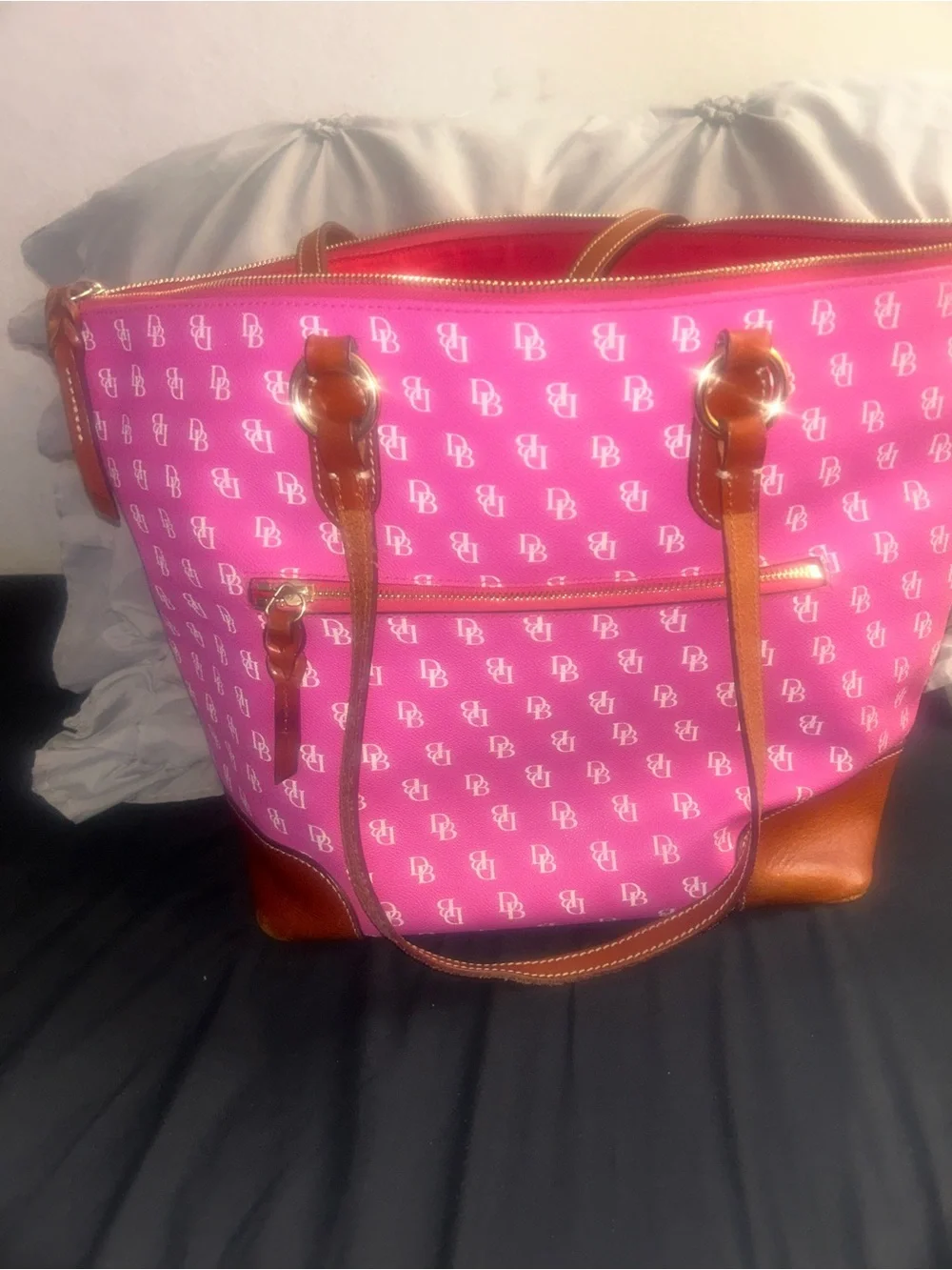 Dooney & Bourke Bright Pink Logo Tote with Brown Trim and Pearl Chain